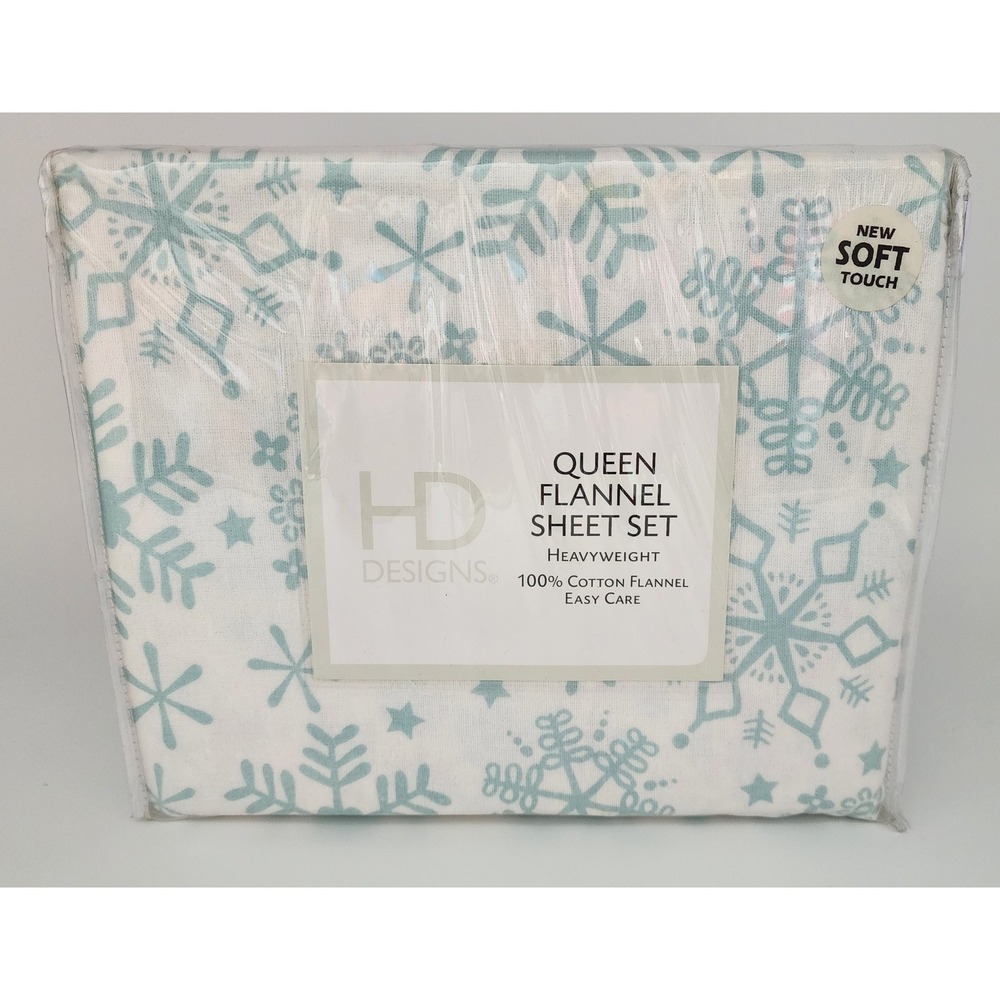 HD Designs Flannel Sheet Set Queen Blue Snowflake Heavyweight 100% Cotton NEW